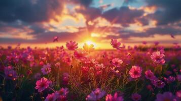 AI generated Pink Flowers Field Under Cloudy Sky photo