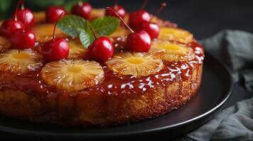 AI generated Pineapple Upside Down Cake With Cherries photo