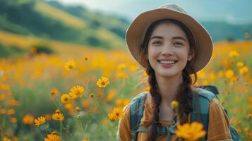 AI generated Woman in Hat Standing in Field of Yellow Flowers photo