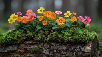 AI generated Group of Flowers on Log photo