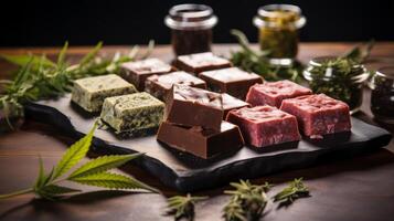 AI generated Cannabis edibles with various thc levels. Generative AI photo