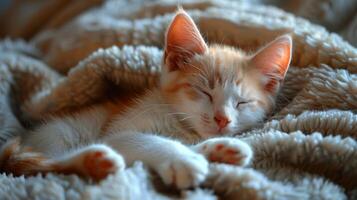 AI generated Sleeping Kitten on Blanket photo