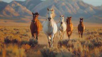 AI generated Herd of Horses Running Across Dry Grass Field photo