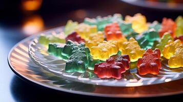 AI generated Cannabisinfused gummy bears on a plate. Generative AI photo