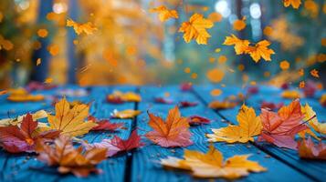 AI generated Red Leaf on Wooden Table photo