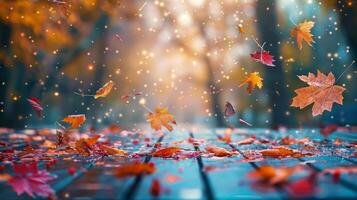AI generated Wooden Table Covered With Leaves photo