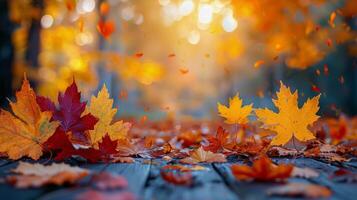 AI generated Wooden Table Covered With Leaves photo