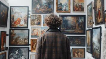 ai generado mujer visita pinturas en museo foto