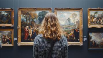 ai generado mujer visita pinturas en museo foto