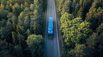 ai generado camión conducción mediante bosque en la carretera foto