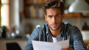 ai generado hombre leyendo periódico en biblioteca foto