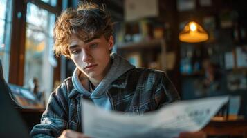 ai generado hombre leyendo periódico en biblioteca foto