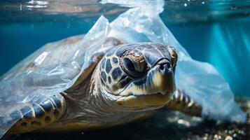 ai generado Tortuga atrapado en un el plastico bolsa. generativo ai foto