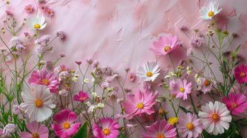 AI generated Group of Colorful Flowers on Pink Wall photo