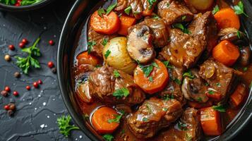 AI generated Bowl of Beef Stew With Carrots and Parsley photo