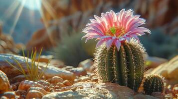 ai generado rosado flor en verde cactus foto