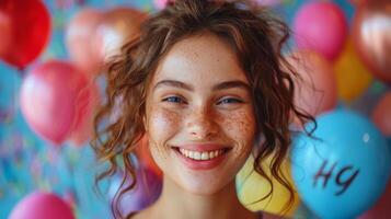 AI generated Smiling Woman With Freckled Hair and Balloons photo