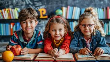 ai generado Tres niños leyendo libros con manzana foto