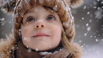 ai generado pequeño niña en nieve con sombrero y bufanda foto