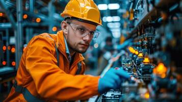 ai generado hombre en naranja chaqueta y la seguridad lentes trabajando en máquina foto