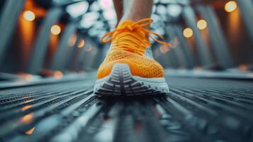 AI generated Persons Feet Walking on Conveyor Belt photo