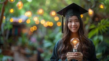 AI generated Graduating Woman Holding Light Bulb photo
