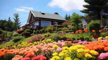 ai generado campo pensión rodeado por vibrante flor jardines y vistoso florece generativo ai foto