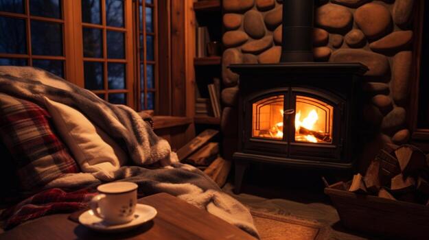AI generated Cozy cabin pension with hot cocoa and crackling fireplace for a warm retreat. Generative AI photo
