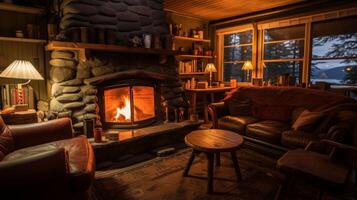 AI generated Cozy cabin pension with a roaring fireplace and warm. Generative AI photo