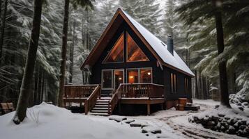 AI generated Cozy cabin style pension nestled in a picturesque forest. Generative AI photo