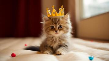 AI generated Kitten with paper crown and toy kingdom. Generative AI photo