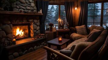 AI generated Cozy cabin pension with a roaring fireplace and warm. Generative AI photo