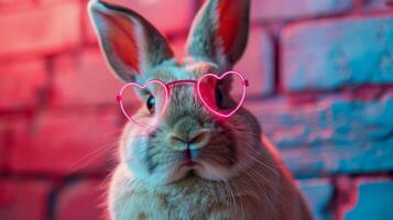 ai generado Conejo vistiendo rosado lentes en rosado antecedentes foto
