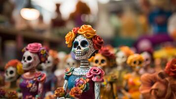 ai generado día de el muerto catrina figurilla en un festivo mostrar. generativo ai foto