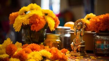 AI generated Day of the dead marigold offerings on an ofrenda. Generative AI photo