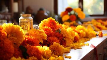 AI generated Day of the dead marigold garland. Generative AI photo