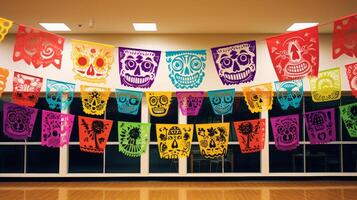 AI generated Day of the dead papel picado banners adding a joyful atmosphere. Generative AI photo