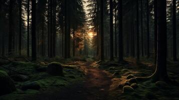 AI generated Dark and moody forest at sunset. Generative AI photo