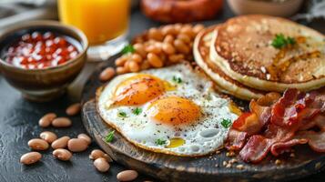 AI generated Plate of Breakfast With Eggs, Beans, and Tomatoes photo