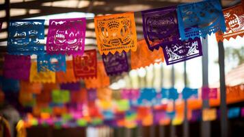 ai generado día de el muerto papel picado pancartas colgando graciosamente. generativo ai foto