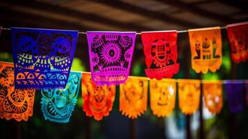 AI generated Day of the dead papel picado banners in vibrant colors. Generative AI photo