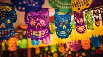 AI generated Day of the dead papel picado banners creating a festive backdrop. Generative AI photo