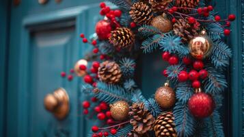 AI generated Christmas Wreath on Red Door photo