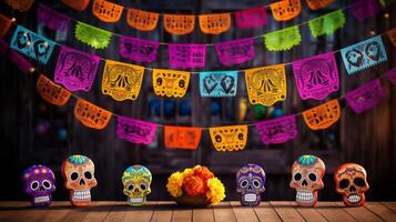 AI generated Day of the dead papel picado banners in vibrant colors. Generative AI photo