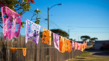 ai generado día de el muerto papel picado decoraciones en el brisa. generativo ai foto