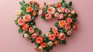 AI generated Heart of Flowers on Pink Background photo