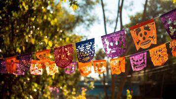 AI generated Day of the dead papel picado decorations in the breeze. Generative AI photo