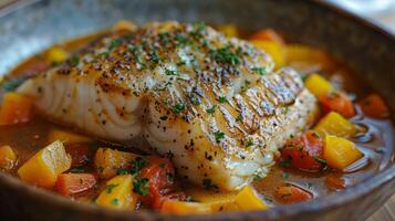 AI generated Plate of Fish With Tomato Sauce and Lemon Wedges photo