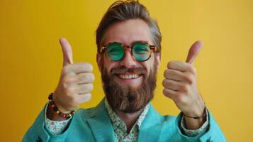 AI generated Bearded Man With Glasses Giving Thumbs Up photo