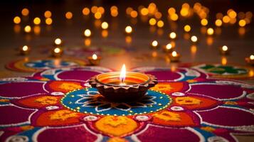 ai generado diwali decoraciones con vistoso rangoli. generativo ai foto